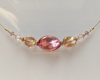 Venetian Glass Pink and Gold Necklace. Murano Italian Glass Jewelry. Simple Necklace