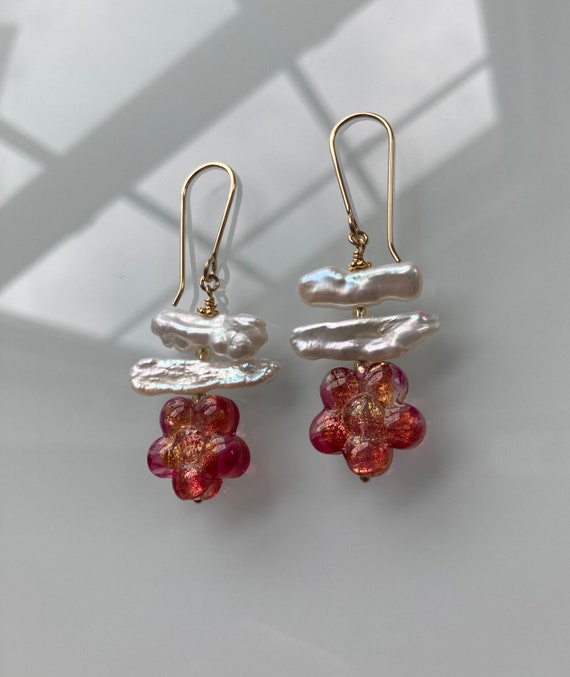 Boucles D'oreilles Pendantes Perles Verre Murano Fleurs - Longueur 17/18 Cm, Dormeuses Plaqué Or