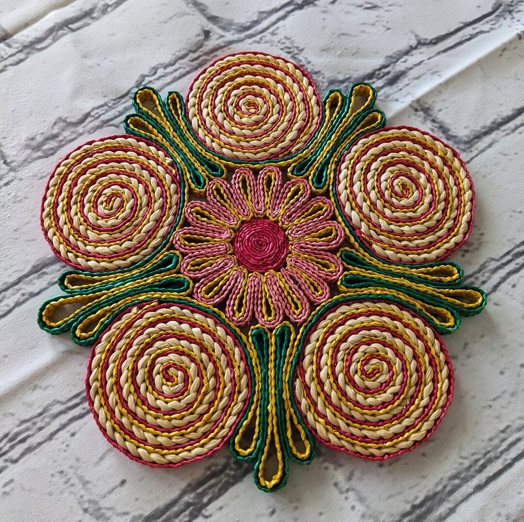 Vintage Colorful Rattan Straw Trivet Round Design of Circles Etsy