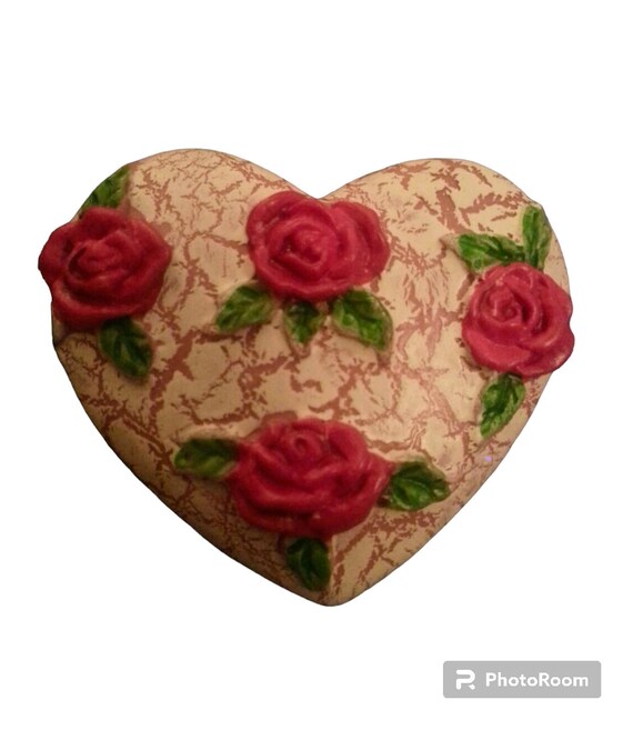 Vintage Heart Shaped Pin/Brooch with Red Roses Cr… - image 1
