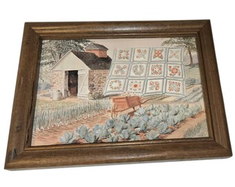 Quilt In A Garden Country Scene Cardboard Print W/Barn Wheelbarrow Wood Frame