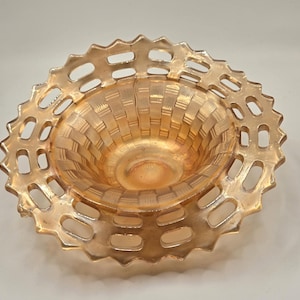 Vintage Fenton Carnival Apricot Glass Marigold Open Lace Basket Weave Dish