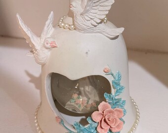 Vintage Large Porcelain Wedding Love Anniversary Bell Waterglobe W/Doves Roses Faux Pearls