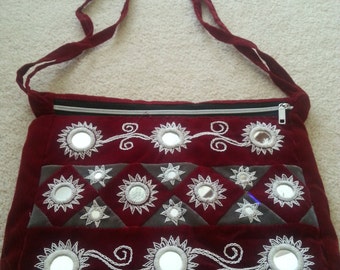 Vintage Crimson Velvet Purse with Mirror Accents