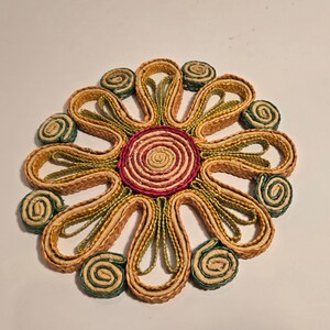 Vintage Pink and Green Straw Rattan Round Flower Trivet Hot Pad Boho Style image 4