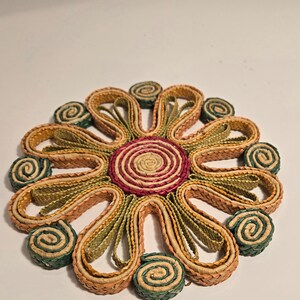 Vintage Pink and Green Straw Rattan Round Flower Trivet Hot Pad Boho Style image 3