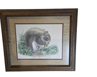 Vintage Linda Picken Wood Framed Squirrel Nature Art Signed By Artist  1975 OOAK