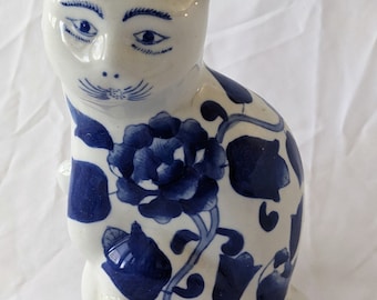 Vintage Blue & White Floral Pattern Porcelain Cat Kitten Figurine Statue