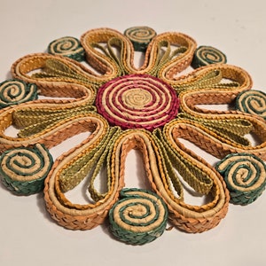 Vintage Pink and Green Straw Rattan Round Flower Trivet Hot Pad Boho Style image 2