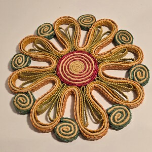 Vintage Pink and Green Straw Rattan Round Flower Trivet Hot Pad Boho Style image 1