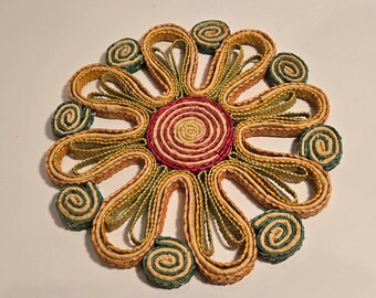 Vintage Pink and Green Straw Rattan Round Flower Trivet Hot Pad Boho Style