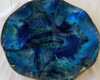 1960's Vtg Blue Green Enameled Goat Skin Wall Decor Bowl Made In Mexico OOAK