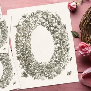 Couronne de fleurs vintage, taches d'écriture imprimable pour journal d'art, journal indésirable, journal de printemps, collage papier escargot, étiquettes de cartes postales