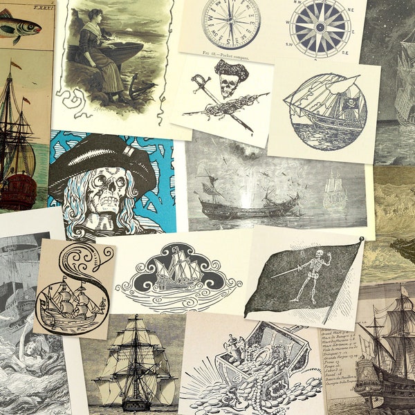 Vintage Pirates printable ephemera kit, 55+ illustrations of pirates ghost ships treasure chests for art journal collage fantasy scrapbook