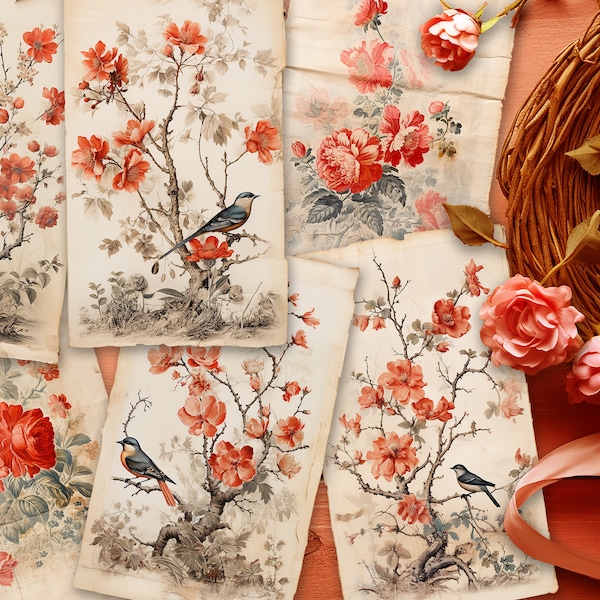 Birds and Red Flowers printable set of 6 illustrations of birds and flowers art journal junk journal collage sheets journal cards ephemera
