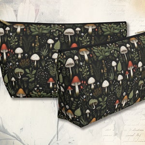Mushrooms and Plants pouch, mushroom zipper pouch green witch pouch garden witch bag witchy makeup bag mushroom gift for mushroom lover gift