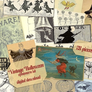 Vintage Halloween printable ephemera kit, 20 illustrations for junk journal card making altar art grimoire collage spell book of shadows