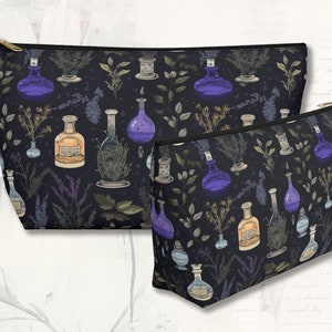 Purple Potions and Plants pouch, potions zipper pouch green witch pouch garden witch bag witchy makeup bag potion gift for witch gift