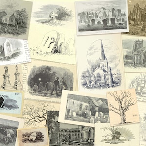 Vintage Cemetery printable ephemera kit, 20 graveyard illustrations for your journal scrapbook collage grimoire spell book altar adornment