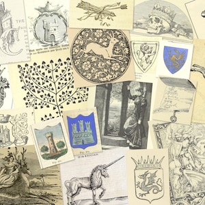 Vintage Medieval Fantasy printable ephemera kit, 60+ illustrations of castles dragons heraldry ephemera for journal mixed media art collage