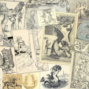 kit imprimable vintage sirènes et dragons, 29 illustrations sur le thème de la fantaisie pour votre journal d'art collage de techniques mixtes sirène et dragon