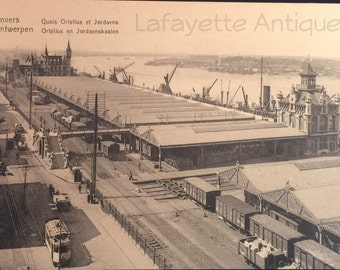 Vintage postcard of Anvers Antwerpen (a City in Belgium) - Black and White Post Card - Old Ship Yard and Rail Yard Picture - Unposted