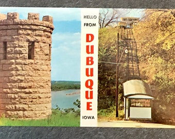 Hello from Dubuque Iowa Vintage Postcard - Grave of Julien Dubeque, Fourth Street Cable Elevator - Dexter Press - Postcrossing, Unposted