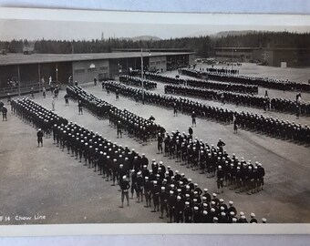 Aerial View of Soldiers Standing in the Chow Line on Base, Vintage Photo Postcard - EKC F14 - Black and White Military Base Photograph