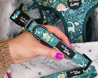 Dino Rawr Dinosaur Adjustable Dog Collar (optional lead) - Size XS - L - optional bow tie accessory