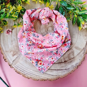 Pink Vintage Floral Puppy Dog Bandana - Tie On - Handmade in the UK