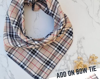 Classic Beige Tartan Dog Bandana - Handmade in the UK - Optional matching bow tie. Sizes xs, s,m,l,xl
