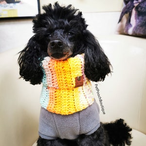 Peut inclure: Un caniche noir portant une écharpe en crochet colorée et un pull en polaire gris. L'écharpe est rayée de rose, jaune, orange et bleu. Le chien est assis sur une chaise blanche. Le texte "PetpoochBoutique" est visible sur la chaise.