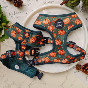 Puede incluir: Un conjunto de arnés y collar para perros de color verde con un estampado de calabazas. El arnés tiene correas ajustables y un cierre de hebilla. El collar tiene un estampado de calabazas a juego y un cierre de hebilla. Para perros pequeños y medianos.