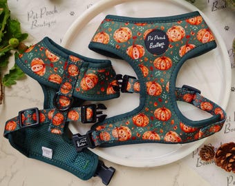 May include: A green dog harness and matching collar set with a pumpkin pattern. The harness has adjustable straps and a buckle closure. The collar has a matching pumpkin print and a buckle closure. The set is designed for small to medium-sized dogs.