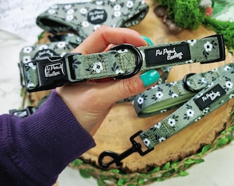 Green Meadow Daisy Adjustable Dog Collar - Size XS - L (optional lead)  - optional flower accessory