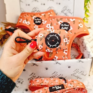 May include: A pink dog harness and lead set with a floral print. The set includes a matching poop bag holder with the text "Pet Pooch Boutique" on it.