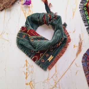 Frayed Red Turtle & Moss Puppy Dog Bandana Tie on Scarf - Handmade in the UK. Optional add on bow tie