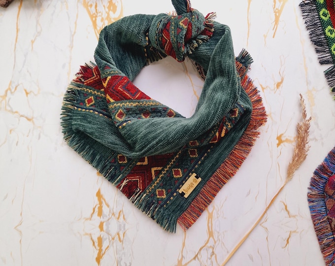 Frayed Red Turtle & Moss Puppy Dog Bandana Tie on Scarf - Handmade in the UK. Optional add on bow tie