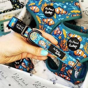 May include: A teal blue dog harness with a colourful clownfish pattern. The harness has a black adjustable buckle and the text "Pet Pooch Boutique" is printed on the harness. A matching blue and orange dog collar with the same clownfish pattern is also shown.
