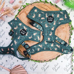 May include: Two teal dog harnesses with a repeating pattern of tan rabbits and leaves. Each harness has black adjustable straps and a black buckle. The harnesses are labeled "Pet Pooch Boutique" on a black circular patch.