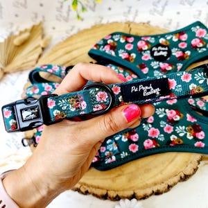 Vintage Clover Green Peonies Adjustable Dog Collar - Size XS - M (optional lead) (floral/wedding)