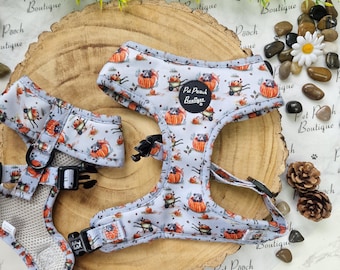 Könnte beinhalten: Ein hellblaues Hunde-Harness und Halsband-Set mit einem sich wiederholenden Muster aus Igeln, Kürbissen und Schubkarren. Das Harness hat schwarze Kunststoffschnallen und ein schwarzes Etikett mit der Aufschrift "Pet Pooch Boutique".