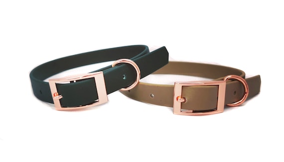 1.6cm Dog Collar with Rose Gold Fittings 16mm wide Forest Green Biothane Puppy