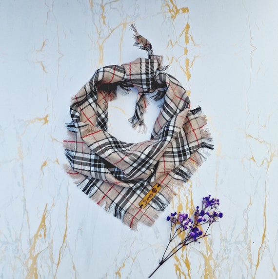 Frayed Plaid Dog Bandana: Buffalo Tan Black Tie Scarf