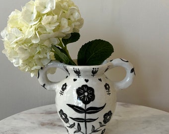 Porcelain Handmade Black Floral Vase