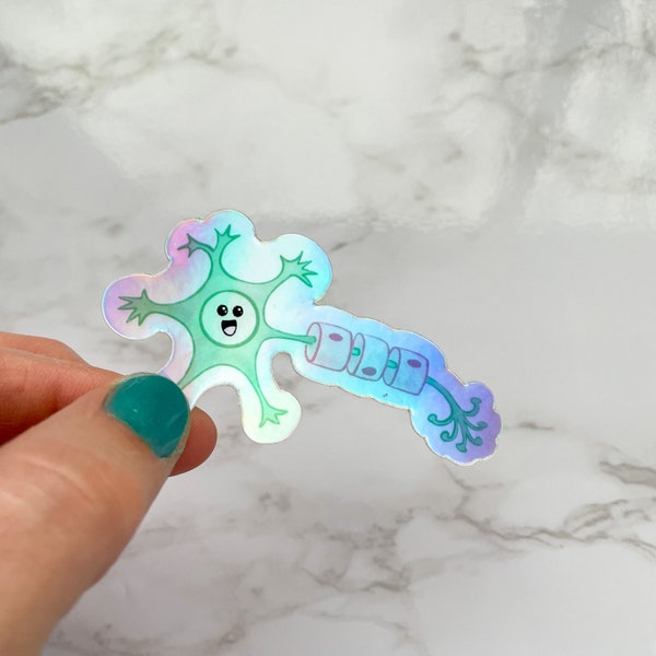 Holographic Happy Little Neuron Sticker, Medical Puns