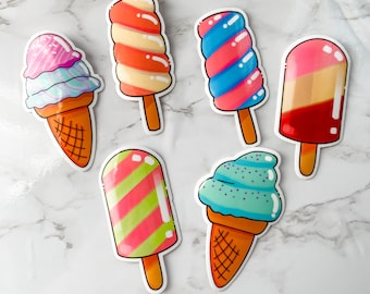 Ice Cream Stickers - 6 Designs - Kawaii Ice Cream Stickers, Vinyl