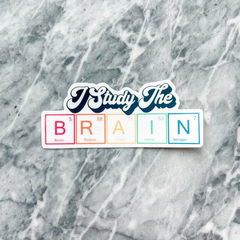 Pu&ograve; includere: Un adesivo con il testo "I Study The BRAIN" in un font retr&ograve;. La parola "BRAIN" &egrave; scritta usando i simboli chimici di boro, radio, argon, iodio e azoto.