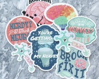 Neuro Stickers, Medical Puns, Set of 8, Vinyl Stickers, Waterproof -*UPDATED*