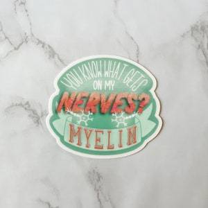 Pu&ograve; includere: Un adesivo verde e bianco con il testo "You know what gets on my nerves? Myelin" in un carattere giocoso. Il testo "Nerves" &egrave; in un gradiente rosa e arancione.